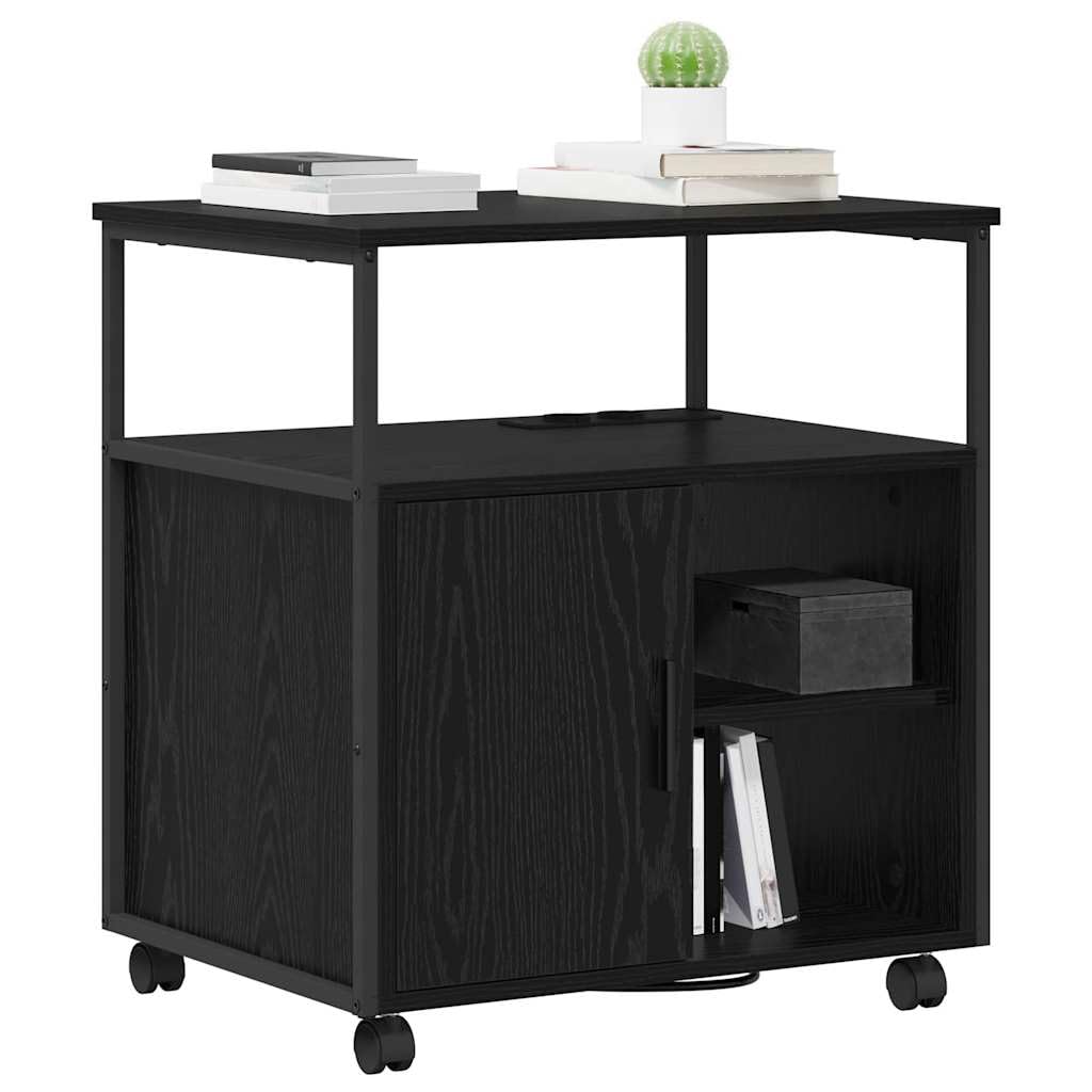 Armadio con stazione di ricarica, effetto rovere nero, armadietto portaoggetti con ruote, 3 ripiani, 4 scomparti, in legno, 61 x 46 x 67 cm, per ufficio, casa e mensola