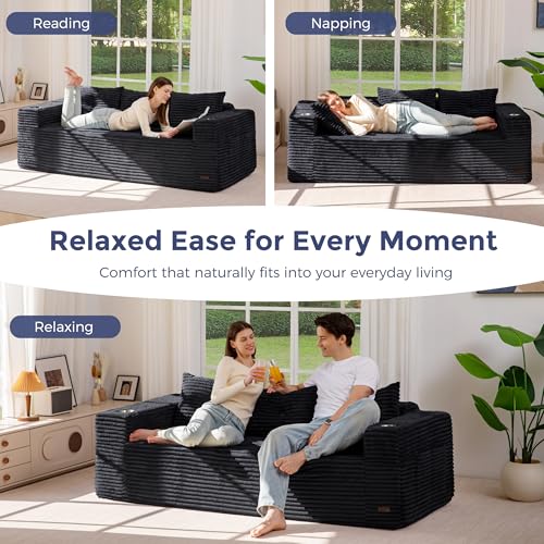 Image of MAXYOYO 79 inch Oversized Boneless Loveseat Sofa Couch for Small Spaces, Mini Love Seat Floor Couch with Cup Holders and Pillows, 3-Seater Upholstered Cloud Couch for Bedroom, No Assembly Required