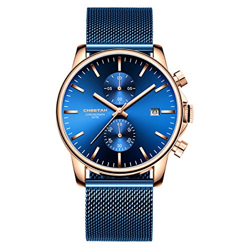 Affute Relojes para Hombre Moda Cuarzo Analógico Malla Azul Acero Inoxidable Impermeable Cronógrafo Reloj de Pulsera, Fecha automáti