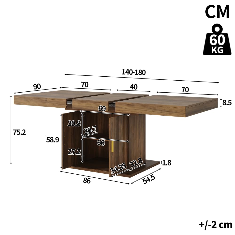 Table à manger extensible avec espace de rangement intégré de 140 à 180 cm, portes ondulées verticales et étagères amovibles (noyer)