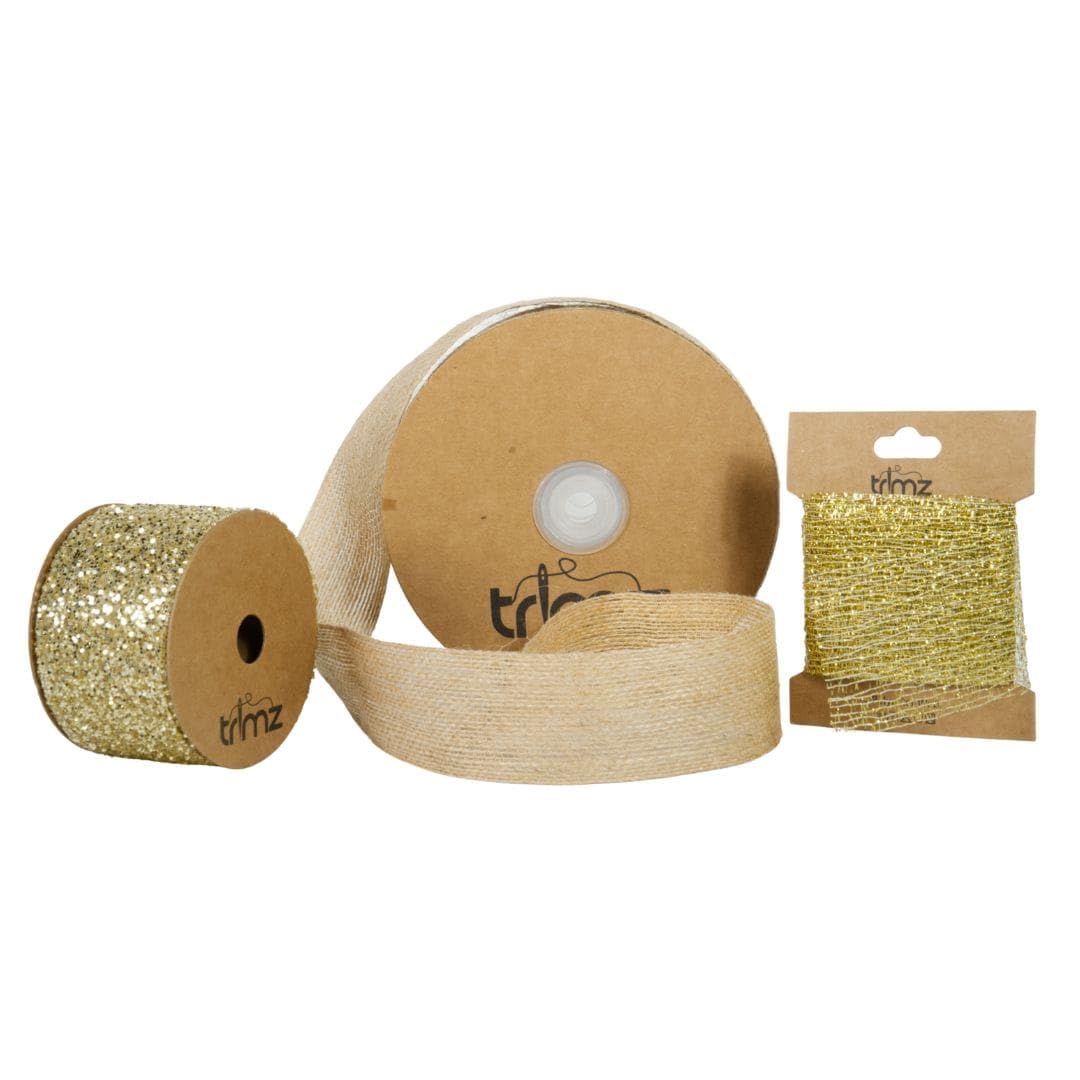 Rustic Elegance Ribbon & Webbing Craft Bundle – Hessian Tape, Gold Webbing (3