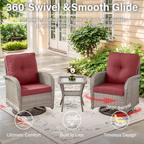 Belord 5 Piece Wicker Patio Furniture Set - Outdoor Conversation Sets with Deep Seating Swivel Rocker Chairs Loveseat and Rattan Coffee Table for Deck Backyard Poolside, Gray Wicker/Red Cushion - Thumbnail 3