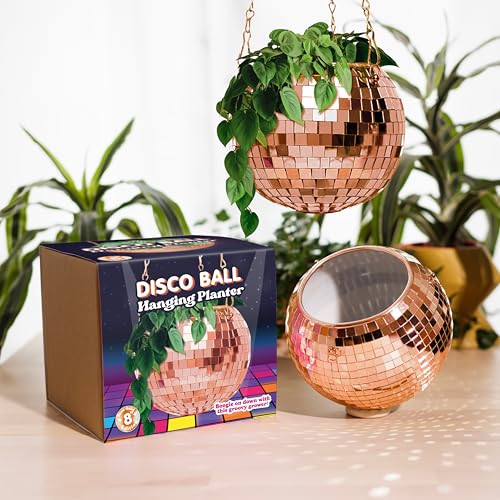 Bubblegum Stuff - Pot de fleurs à suspendre en forme de boule disco or rose – Panier suspendu pour plantes d'intérieur, chaîne or rose, bord or rose, pot de fleurs à suspendre – Décoration de chambre