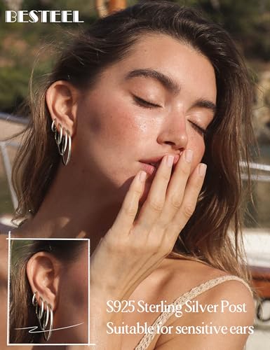 4 Pairs Sterling Silver Post Hoop Earrings for Women - Small 14K Gold Plated Hoop Earring Set , Hypoallergenic Lightweight Thin Silver Hoops for Sensitive Ears- Medium Big Stack Earrings for Women Gift2