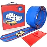 Roll&Race Flexible Autorennbahn 400cm - Made IN EU - Aufrollbare Rennstrecke Kinder - Kompatibel mit Spielzeugautos - Auto Rennbahn mit Transportkoffer - Gummistrecke