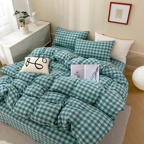 Image of EAVD Modern Style Grid Plaid Duvet Cover King Soft Cotton Blue Green Grid Plaid Bedding Set with 2 Pillowcases Reversible Checkered Geometric Duvet Cover with Zipper Closure