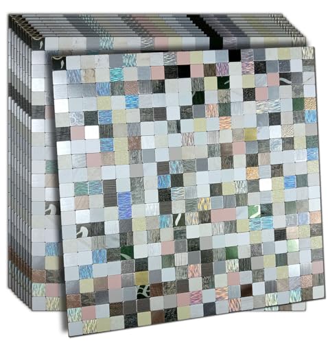 XUANINY Backsplash de metal autoadesivo, descasque e cole azulejos para cozinha em alumínio escovado (29,4 cm x 29,4 cm, 10) (10 cores brilhantes mistas)