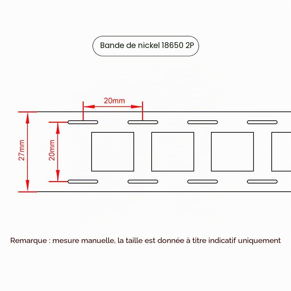 Bande de Nickel, 0,15 x 27 mm 10 m 2P Bande de Nickel pour Batterie 18650, utilisée pour 2 Batteries parallèles 18650, soudage par Points, Batterie 18650, espacement de 20,25 mm