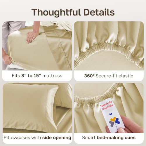 Image of California Design Den 500TC 100% Cotton Split King Sheet Set, Butter Almond | Good Housekeeping Seal, OEKO-TEX Certified, Silky-Soft Sateen Weave, 5pc Set, 15 inch Deep Pockets, For Hot Sleepers, All-Season