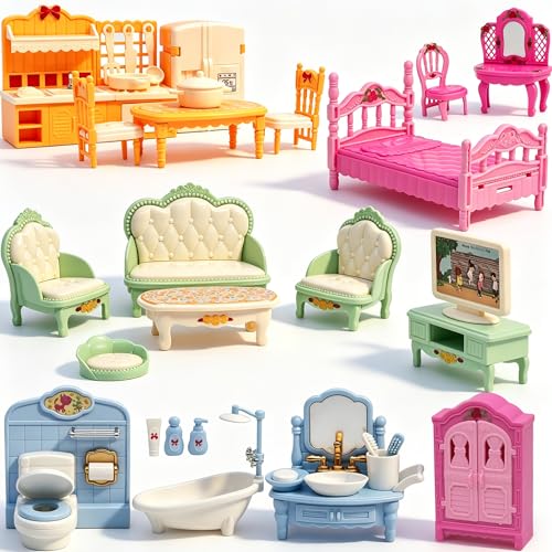 Dollhouse Furniture Set-38 Pcs Miniature Doll House Accessories with Dogs and Cat Kitchen Bedroom Living Room Bathroom Furniture Great Gift Idea