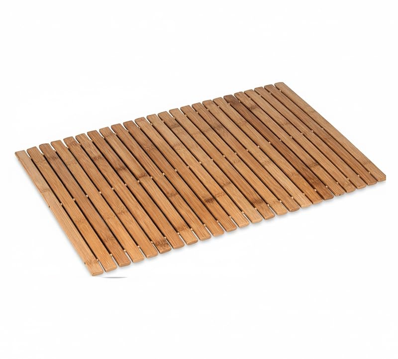Bamboo Roll Up Bath Mat - Non Slip Wooden Shower Mat for Bathroom & Spa - Slatted Duck Board Design for Sauna & Outdoor Shower - Waterproof Eco-Friendly Floor Protector