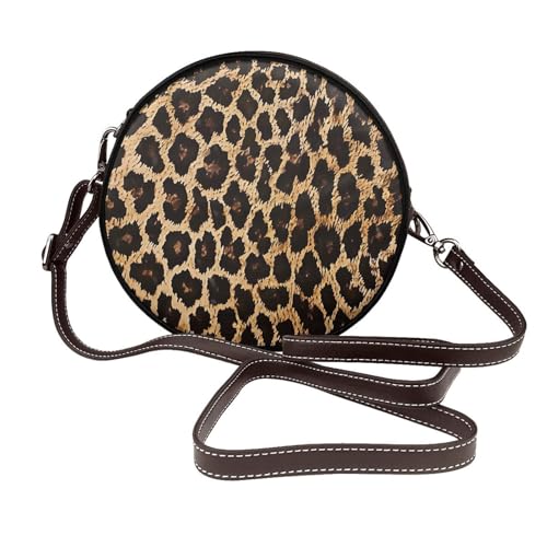 Women Leopard Print Cute Round Leather Shoulder Bag with Adjustable Strap Messenger Bag Coffee One Size