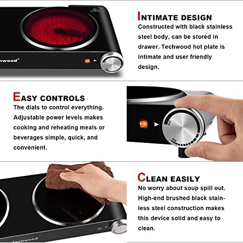Hot Plate, Techwood 1800W Dual Electric Stove, Countertop Stove Double Burner for Cooking, Infrared Ceramic Hot Plates Double Cooktop, Brushed Stainless Steel Easy to Clean Upgraded Version, Black - Image 6