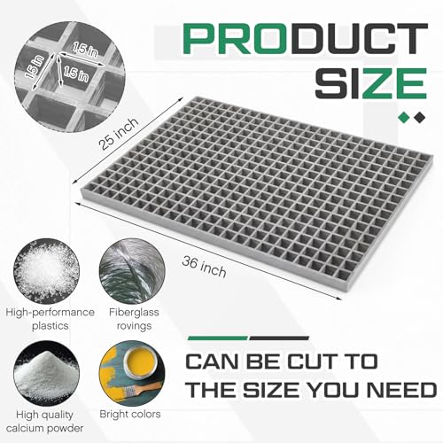 Image of Cinnvoice 1 Pcs Fiberglass Molded Grating, Non-Slip Frp Bar Grate Panel 1.5 inch Square Open Mesh Industrial Grating for Floor, Platform, Deck, Drain Trench, Car Wash (36 x 25 x 1.5 Inches,Grey)