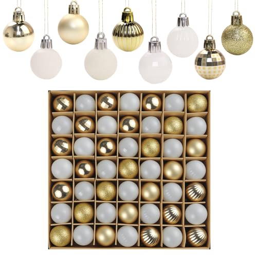 MTKN Lot de 49 Boules de décoration 3 cm Blanc et Or avec Crochet pour Sapin de Noël et décoration Festive