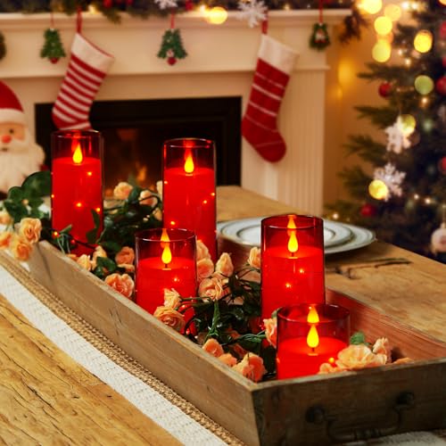 Image of Homemory Flickering Flameless Candles, Red LED Pillar Candles with Remote
