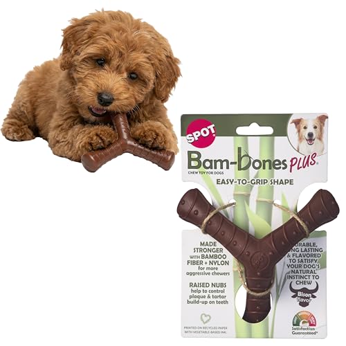 SPOT Bam-Bones Plus Tripod Bamboo Fiber & Nylon Dog Chew Durable for Moderate to Aggressive Chewers Non-Splintering for Adult Dogs & Teething Puppies Under 50lbs 5inch Bison Flavor