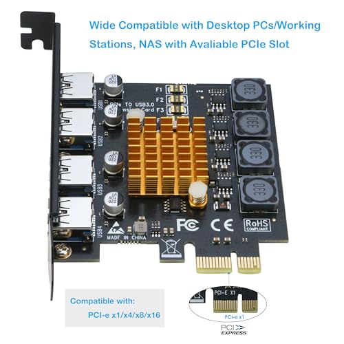 Image of RIITOP USB 3.0 PCIe Card 4-Port PCI Express x1 to USB 3.0 Expansion Adapter Internal USB3 HUB on PC for Win 11 /10 (No Additional Power Required)