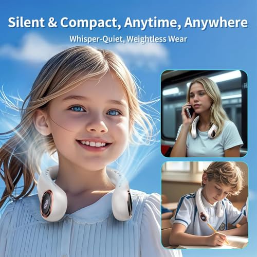 Image of Portable Neck Fan with 6000mAh USB - Rechargeable Battery, Ultra-Light Bladeless Neck Fan LED Display, 360 Cooling Wearable Fan, 3 Speeds-White