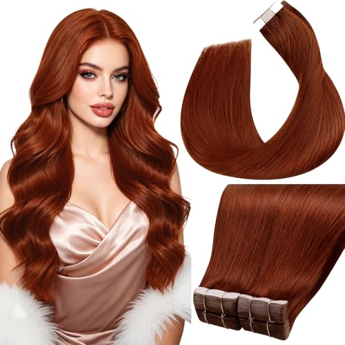 Image of LaaVoo Hair Extensions Tape in Auburn Brown Tape in Hair Extensions Human Hair Seamless Tape on Extension Soft Hair 20inch 40pcs 100g