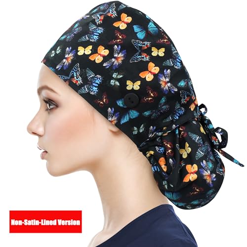 Image of QBA Adjustable Working Cap with Button, Satin-Lined Hat, Cotton Working Hat Sweatband, Elastic Tie Back Hats Unisex