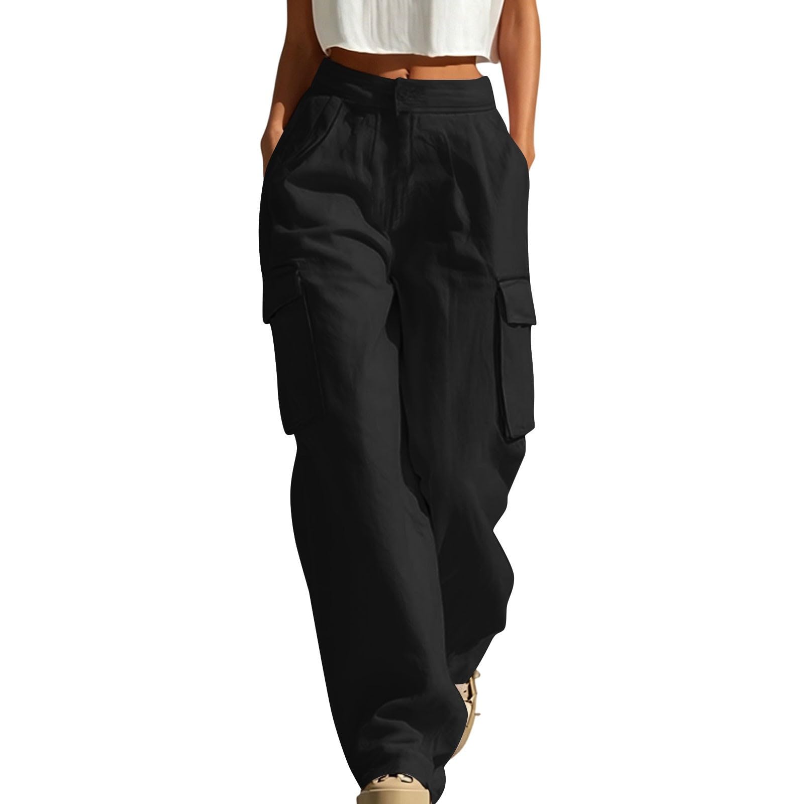 Pantalones de senderismo para mujer, cintura alta, holgados, multibolsillos