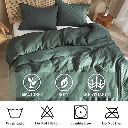 Ivellow Green Linen Duvet Cover Queen 100% Pure Washed French Flax Linen Duvet Cover Set Soft Breathable Moisture Wicking Cooling Linen Bedding Set 3Pcs (1 Linen Queen Duvet Cover 2 Pillow Shams) #TOP5