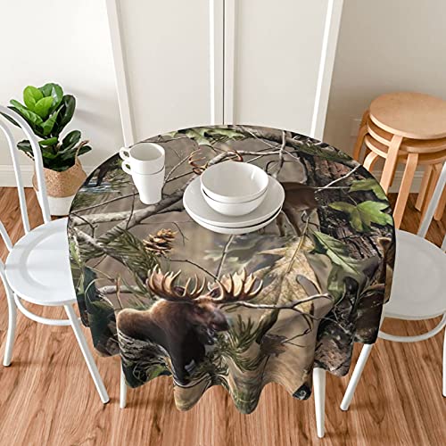 Camo Hunting Deer Bear Moose Round Tablecloth 60 Inch Washable Polyester Table Cloth Water Resistant Spill Proof Table Cover Mat For Dining Kitchen Home Party Wedding Decoration #TOP1