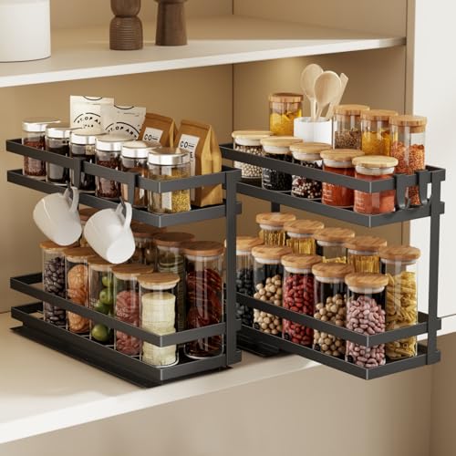 Magheo 2 Stück Gewürzregal Ausziehbar Metall Gewürz Organizer Schrank 2 Etagen Herausziehen Gewürzregal Stehend Kleines Gewürzregals Ohne Bohren Innenschrank Küchen Spice Rack Pull Out (Schwarz)