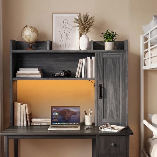 Image of Dorm Desk Hutch, Desktop Shelf with 6 Shelves and Power Outlets 37.4 inch Desk Hutch with Drawers & RGB LED Light Over Desk Organizer Desktop Storage Shelf for Dorm Office Home Computer Desk-Grey