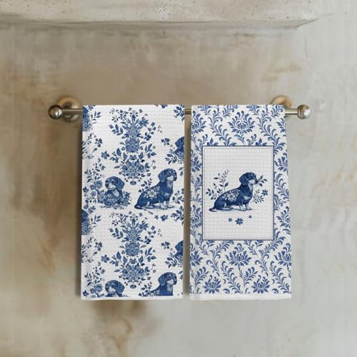 Image of Chinoiserie Dachshund Kitchen & Hand Towels Set of 2, Blue and White Floral Dog Dish & Tea Towels for Kitchen Bathroom Decor, Vintage Toile Dog Lover Gifts for Women 16x24 Inch