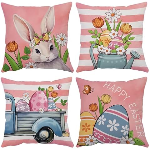 YeeJu Easter Throw Pillow Covers 20x20 Set of 4 Soft Velvet Spring Easter Pillow Covers Pink Easter Bunny Egg Flower Truck Cushion Covers Pillow Cases for Home Outdoor Sofa Couch Decoration（20 inch） Cover