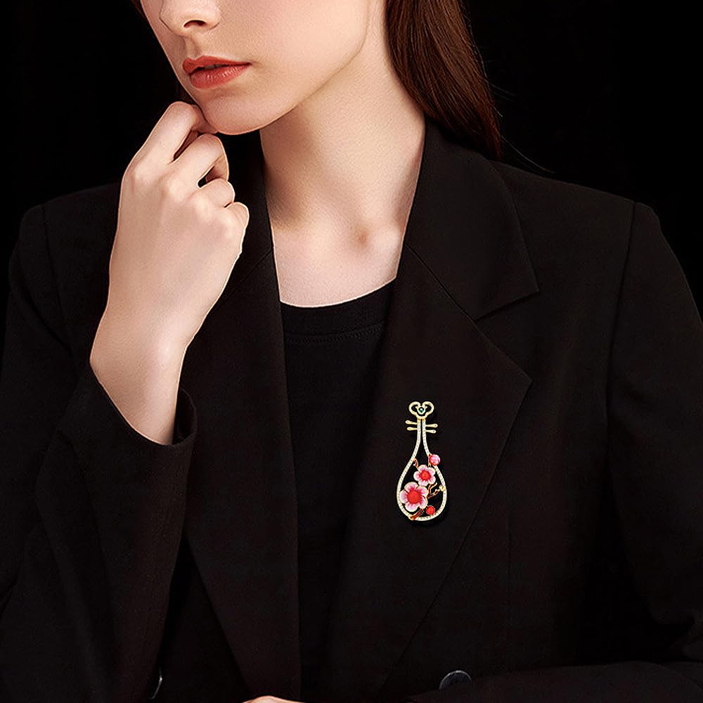 LYGXWJFC Broszki dla kobiet Vintage chiński styl lutnia Lnstrument Pin różowa emalia kwiat śliwy kwiat broszka przypinki