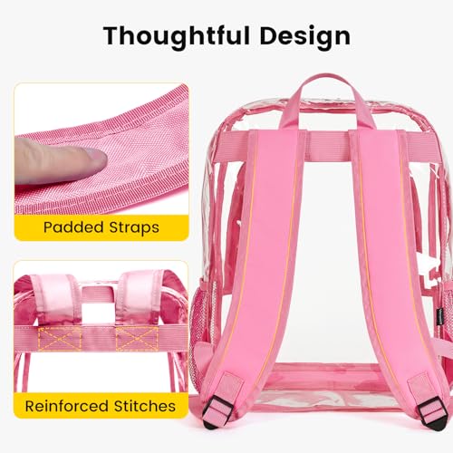 Image of Vorspack Clear Backpack for School, 16 inch Large Clear Bookbag - Pink | See Through Transparent Backpack for Girls Boys, 17L Large Capacity, PVC Materials, Padded Straps, Ideal for College, Work