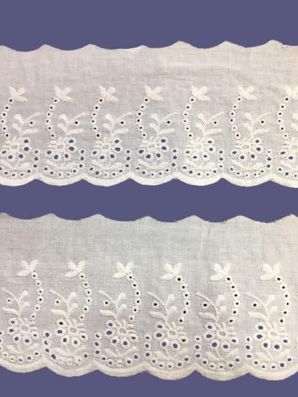 Image of PCJS- White Cotton Schiffli Lace Trim - Wide, Scalloped Embroidered Eyelet Border - Soft & Breathable - Ideal for Sewing, Dresses, Baby Clothes & Crafts (10 Meter)