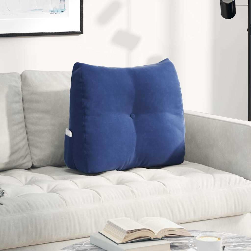 Cojín de respaldo de terciopelo azul policía 60 x 24 x 50 cm con soporte ergonómico, bolsillo lateral para mando a distancia y funda extraíble, ideal como cojín lumbar para sofá, oficina