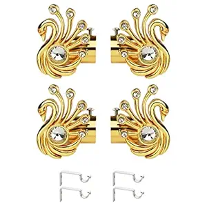 Rkoing Peacock Shaped Metal Curtain Bracket with Support 1 Inch Rod Pocket Finials Window Rod Support Fittings, Curtain Rod Holder (Pack of 4, Gold)