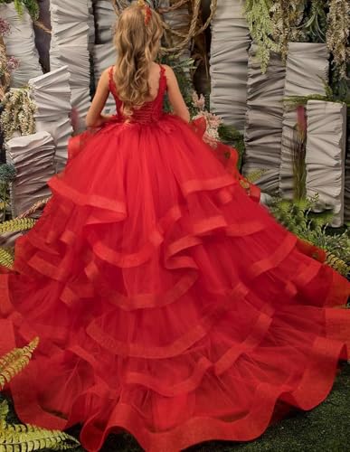 Tulle Flower Girl Dress Long Pageant Dresses for Girls Ruffles Lace Appliques Princess Kids Birthday Party Ball Gowns3