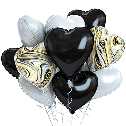 Corazón de Globo Negro, 10 Globos de Corazón de Papel de Aluminio Blanco y Negro de 18 Pulgadas, Globos de Papel de Corazón Decoraciones de Cumpleaños de Helio Para Fiesta de Cumpleaños Aniversario Cover