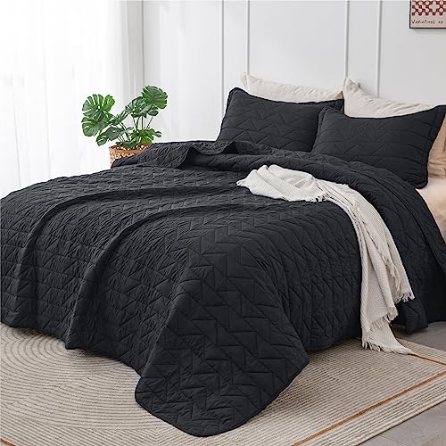 Bedelite Coverlet Queen Bedspread - Summer Lightweight Full Size Quilt Set, Soft Modern Weave Pattern Black Queen Quilt Bedding Set 3 Pieces (1 Quilt 90" X 96" + 2 Pillow Shams) #TOP1