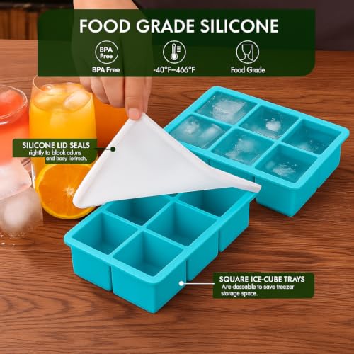 Image of Large Ice Cube Tray for Whiskey: Silicone Ice Cube Trays with Lid - 2Pack Big Square Old Fashioned Ice Cube Maker for Cocktail - 2inch Huge Cubed Ice Trays (Sky Blue)