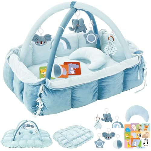 Image of 5-in-1 Plush Baby Play Gym, Baby Play Mats, Convertible Baby Gym with Pillow, Tummy time mat, 6 Sensory Toys, Activity Center, Ball Pit, Blue