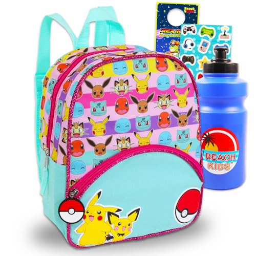 Nintendo Pokemon Mini Backpack Bundle - 11” Canvas Backpack with Front Pocket, Water Bottle, More | Pokemon Backpack Purse Set for Girls