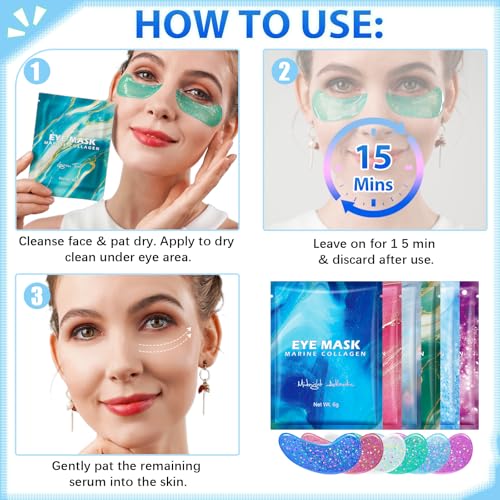 Augenmaske mit Natürlichen Marine -Kollagen & Hyaluronsäure, Eye Pads für Geschwollene Augen, Eye Patches,Anti-Aging Augenpads Gegen Augenringe Entfernen, Reduzieren Falten (12 Paar)