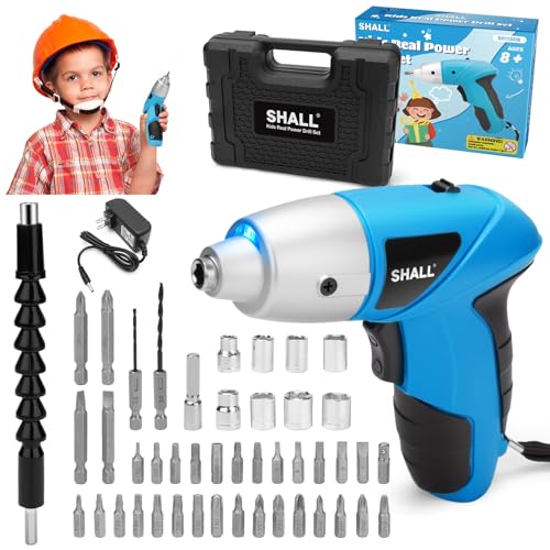 SHALL 47-Piece Kids Real Cordless Power Drill Set Safety Certified Electric Screwdriver W/Screwdriver Drill Bits Socket Flexible Shaft Carrying Case DIY Construction Tool Kit for Children Age 8+