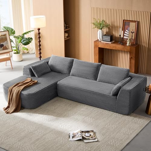 LINSY HOME Ecksofa mit Schlaffunktion - 270cm Corduroy Modulares Schlafsofa, L Form Couch, Sofa 3 Sitzer mit Ottomane, Sektionssofas für Wohnzimmer, Keine Montage erforderlich