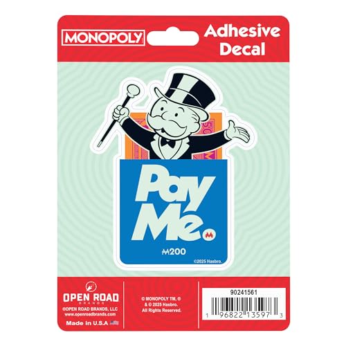 Image of Hasbro Monopoly Pay Me Adhesive Vinyl Decal - Funny Rich Uncle Pennybags Sticker for Water Bottle or Laptop
