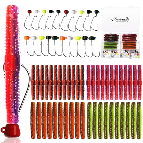 Dovesun 64pcs Ned Rig Jig Heads, Ned Rig Hooks with Soft Lures Kit Weedless Jig Head Floating Fishing Worms Mushroom Jig Heads for Bass Fishing Ned Rig Kit