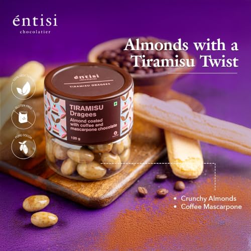 Image of Entisi Nutties Chocolates - Tiramisu Dragees Jar - Coffee & Chocolate Coated Almonds - Dessert Inspired Treat - Gift Jar, Ideal for Gifting, Celebrations & Everyday Treats 120g