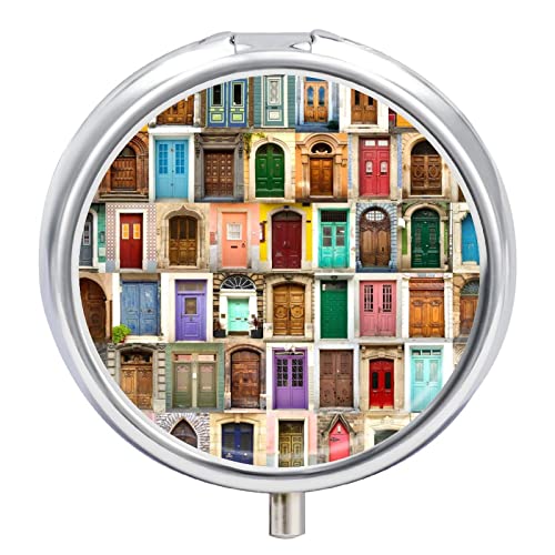 Porta de madeira antiga de todo o mundo, estojo de comprimidos redondo personalizado, estojo de comprimidos pequeno portátil, caixa de comprimidos durável, suporte de comprimidos com fecho de botão